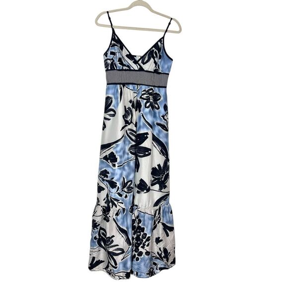 BCBGMAXAZRIA Silk Maxi Dress 6 White Blue Sleeveless Floral Abstract Ruffle Long - Picture 1 of 15